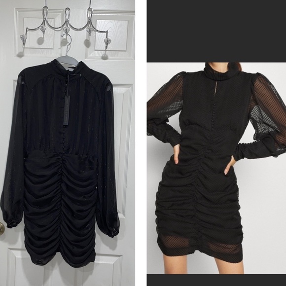House of Harlow 1960 Black Lurex Mock Neck Mini Ruched Dress S 6